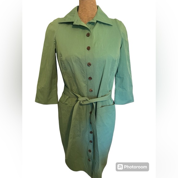 Bill Blass Sage Green Taffeta Button Front Belted Midi Dress Size 0 NWT - Picture 1 of 13
